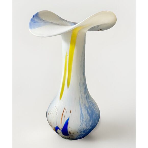 9.5” Blown Glass Tulip Flutter Vase Vintage Joska Germany White & Blue Swirl - Picture 2 of 7